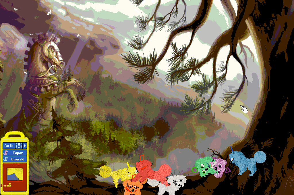 The aforementioned seven dogz run around a playscene with a horse statue and forest in the distance. Birds fly past in the sky.