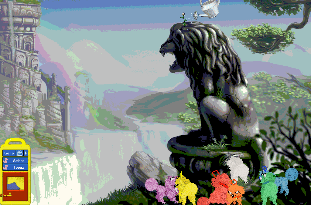 The aforementioned seven dogz run around a playscene with a lion statue overlooking a waterfall. The player waters a daisy on the statue's head.