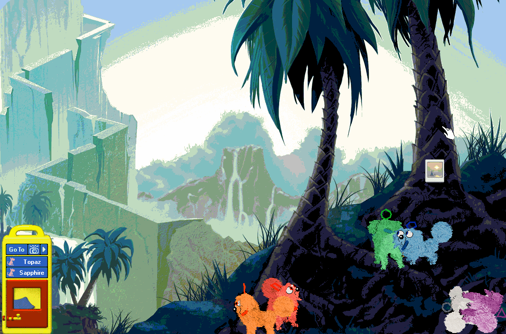 The aforementioned seven dogz run around a playscene with a lion statue overlooking a waterfall. The player waters a daisy on the statue's head.