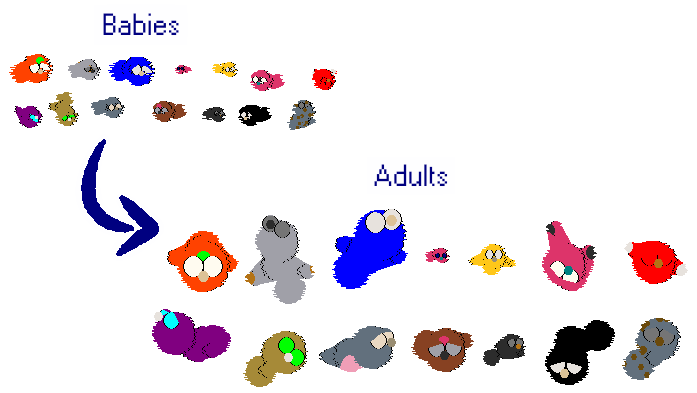 Twelve examples of BirdWorms from the Version 4 file, both as babies and as adults.
