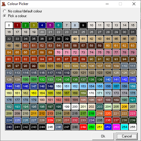 An image of a grid of 255 colours. Colour ranges of note are white at 10 to 19, grey at 20 to 29, black at 30 to 39, tan at 40 to 49, a reddish brown at 50 to 59, orange at 60 to 69, pink at 70 to 79, red at 80 to 89, brown at 90 to 99, sandy at 100 to 109, blue-grey at 110 to 119, dusty at 120 to 129, green at 130 to 139, blue at 140 to 149, light blue at 150 to 159, yellow at 160 to 169, light blue-grey at 170 to 179, light red at 180 to 189, and teal from 190 to 199. The rest of the chart is assorted colours.