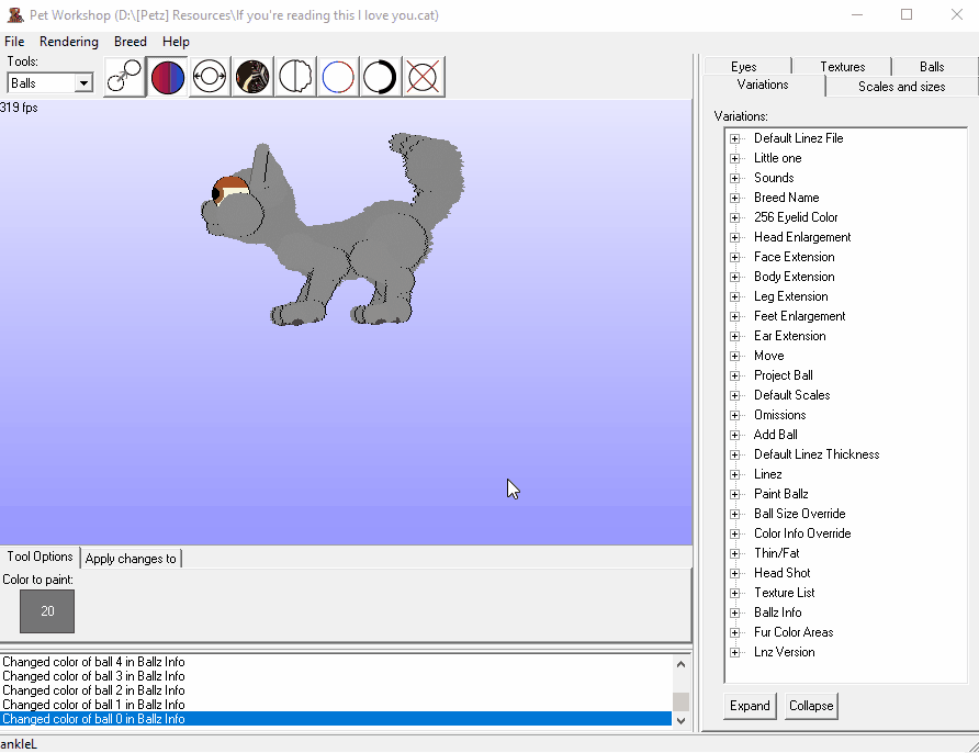 An animated GIF showing the user giving the pet black eyelids and green eyes in Pet Workshop.