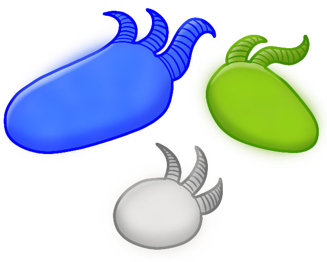 Three rounded, tentacled creatures. One is blue with an oblong body and three tentacles, one is green with an oblong body and two tentacles, and one is grey and spherical with three tentacles. All three glow faintly.