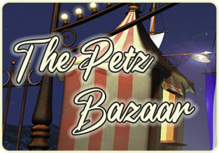 The logo of the Petz Bazaar, showing the text in white in front of a circus big top tent and lampposts at night.