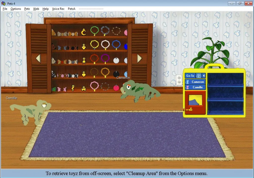 Two chameleons in Petz stand in a room with a cabinet full of clothing.
