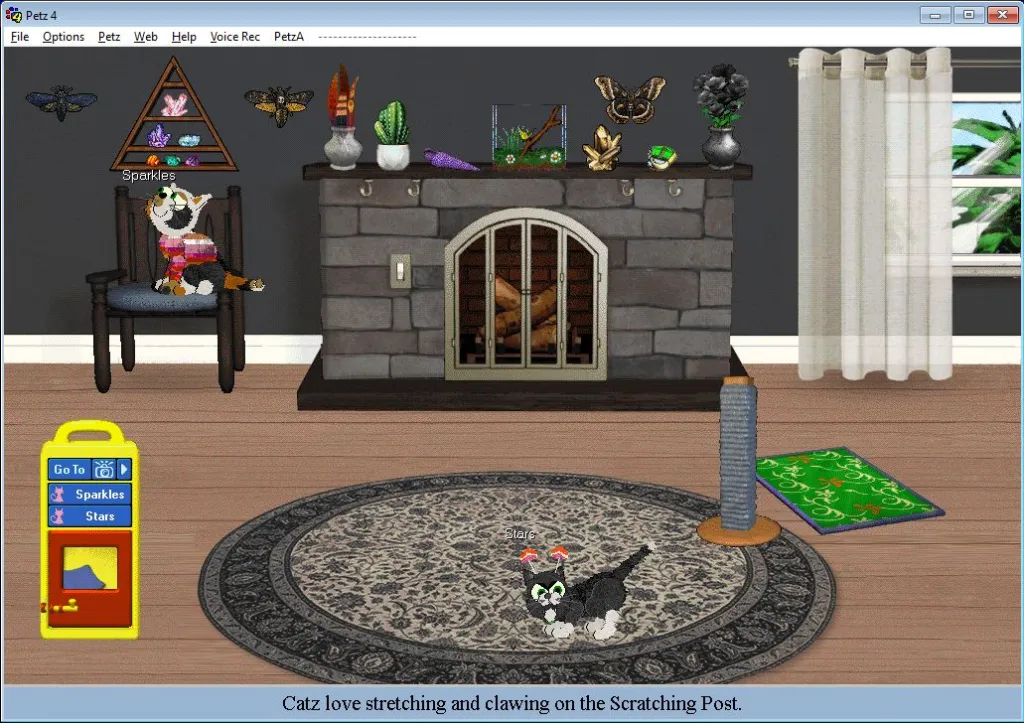 Two cats wearing clothing with the lesbian flag stand in a dark room with white curtains and a wood floor, surrounded by various in-game trinkets.