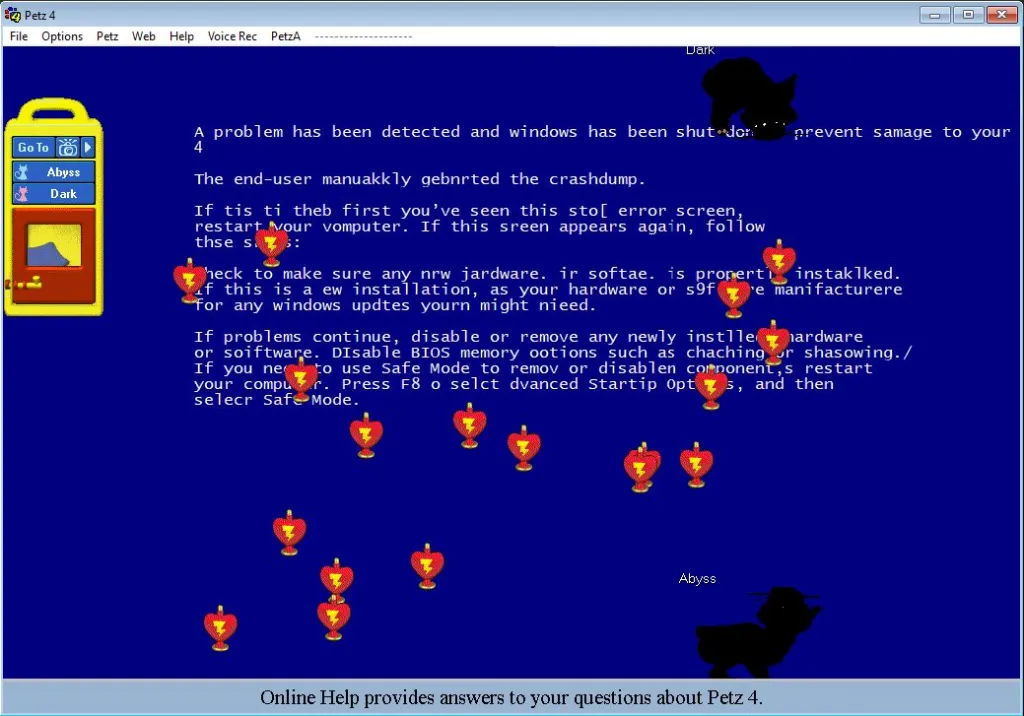 Two entirely black cats stand against a background resembling a Windows XP blue screen of death. Several of the same pink heart-shaped bottle are scattered around them.