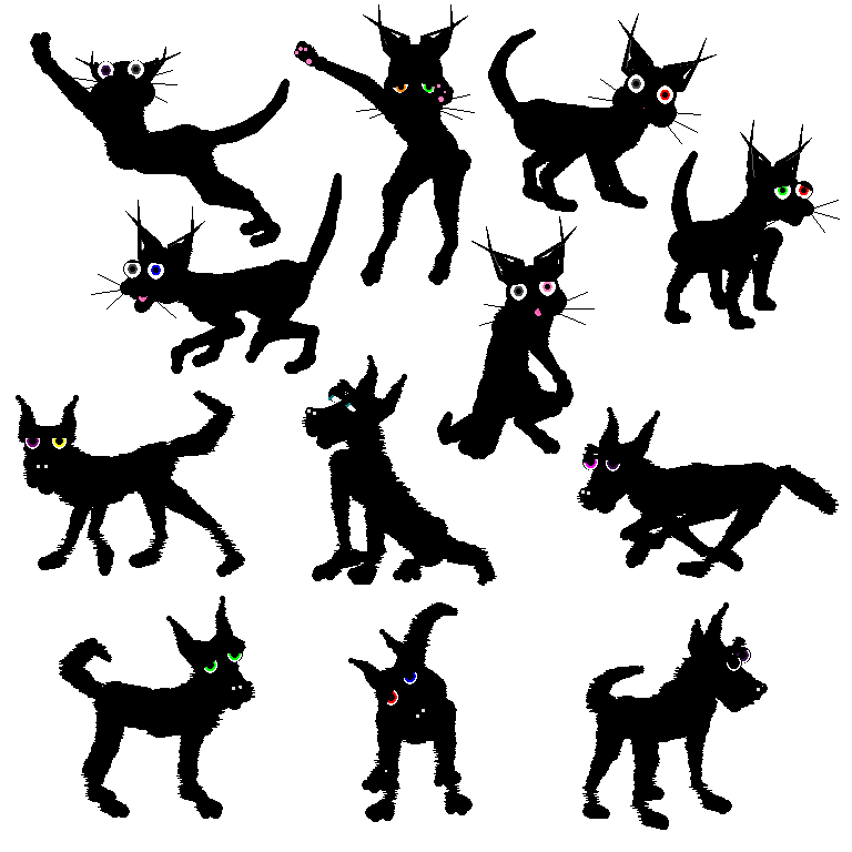 Twelve examples of catz and dogz from the Void Petz V2 files. Each is black with coloured eyes of different combinations.