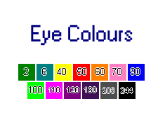 Every possibly colour of the eyes of any given Void Cat or Void Dog from this file. These are labelled with the corresponding numbers in the Petz code. 2 is dark green, 6 is dark teal, 40 is yellow, 50 is red, 60 is orange, 70 is pink, 90 is blue, 100 is green, 110 is magenta, 120 is purple, 130 is dark purple, 203 is grey, and 244 is black.