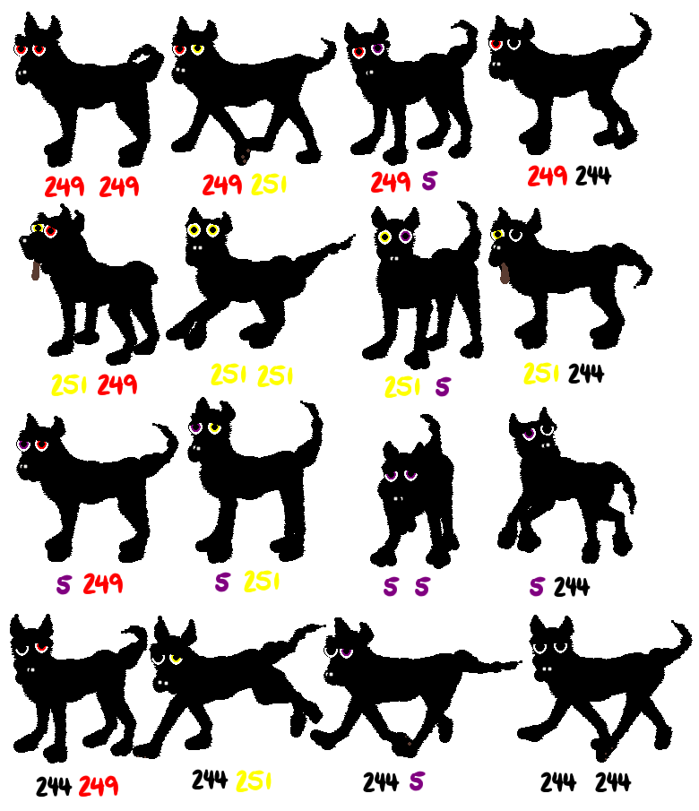 Sixteen pitch-black dogs in Petz. The images show every possible variation of red, yellow, purple, and black eyes that these dogs can have.