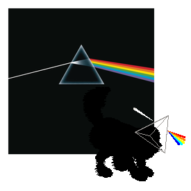 A comparison of the album art of the Dark Side of the Moon album, featuring a prism splitting white light into a rainbow, and the hexed cat based off of it, a pitch-black Maine Coon with a prism for a head, with the whiskers resembling a ray of light entering and leaving as a rainbow.