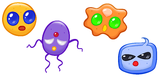Four drawings of a Save Emmuno, a round yellow creature with large blue eyes and a small red mouth, a Soul Evmuni, a violet oval creature with large, half-lidded white eyes, a small yellow mouth, and a red third eye, a Kind Hemmuna, a lumpy orange creature with large green eyes, a small yellow mouth, and an orange sac on its forehead, and a Quiz Ennutty, a blue rectangular creature with narrow black eyes, a small red mouth, and a hair-like strand.