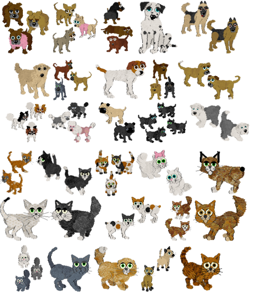 Every possible variation of every type of cat and dog in Petz 5. On the top are the dogs: the Bulldog, Chihuahua, Dachshund, Dalmatian, German Shepherd, Golden Retriever, Great Dane, Jack Russell, Labrador, Mutt, Papillon, Poodle, Pug, Scottie, and Sheepdog. On the bottom are the cats: the Alley Cat, Black and White Shorthair, Calico, Chinchilla Persian, Desert Lynx, Egyptian Mau, Honey Bear, Japanese Bobtail, Maine Coon, Orange Shorthair, Persian, Russian Blue, Scottish Fold, Siamese, and Tabby.