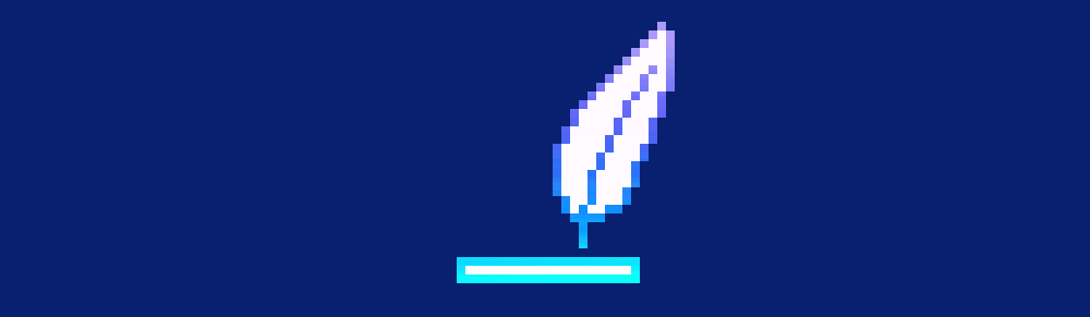 A white quill and line with a teal, blue, and purple gradient outline against a blue backgrpumd.