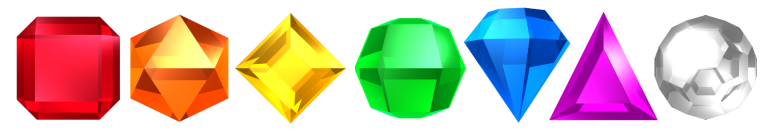 The seven gems as seen in Bejeweled 3, being red, orange, yellow, green, blue, purple, and white.
