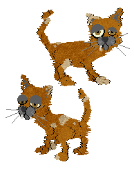 Two Alley Cats in Petz. Both are primarily orange with cream patches, grey muzzles, and mismatched tan eyes. THe one on the top has a short right ear, a large right eye, a fang on the right side, and a kinked tail. The one on the bottom has a short left ear, a large left eye, two fangs, and a straighter tail.