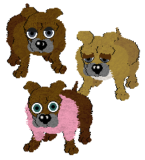 Three Bulldogs in Petz. From top to bottom, the first one is brown with a grey muzzle and blue-grey eyes. The second is tan with a grey muzzle and blue-grey eyes. The third is similar to the first, but with dark teal eyes and a pinks sweater.
