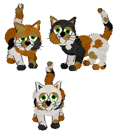 Three Calicos in Petz. All three have green eyes and varying patterns of white, black, tan, and orange. From top to bottom and left to right, the first one has an orange forehead, the second has a black forehead, and the third has a white forehead.