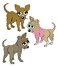 Three Chihuahuas in Petz. From top to bottom, the first one is tan with a small white patch on its nose and tan eyes. The second is cream-coloured with a pink sweater, a small white patch on its nose, and teal eyes. The third is dusty-coloured with tan eyebrows, no nose patch, and orangeish eyes.
