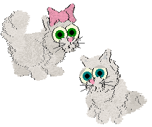 Two Chinchilla Persians in Petz. Both have white fur. The first has a pink bow on its head and green eyes. The second has teal eyes and no bow.