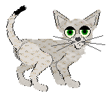 An Egyptian Mau in Petz, with patterned white fur, a black tailtip, and green eyes.