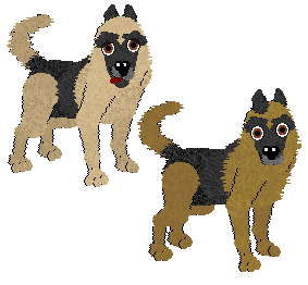 Two German Shepherds in Petz, with white fur, black spots, black ears, and teal eyes.