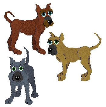 Three Great Danes in Petz. From top to bottom, the first one is red with a brown muzzle, a black patch on the snout, and teal eyes. The second is tan with a black muzzle and one blue and one green eye. The third is a blue-grey colour with a black muzzle and green eyes.