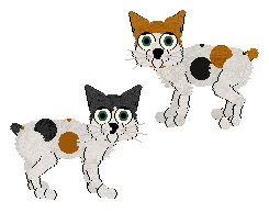 Two Japanese Bobtails in Petz. Both are primarily white with orange and black patches, and both have dark teal eyes, but the second has a mirror of the first's colours, with orange patches turned black and black patches turned orange.