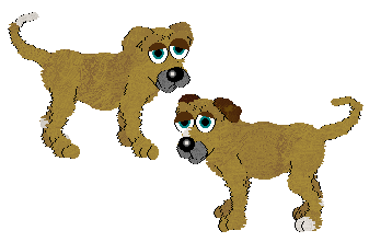 Two Mutts in Petz. Both are primarily tan with grey muzzles and teal eyes. THe fist has white patches on the foot and tail. The second has brown ears, a white spot on the nose, and white spots on the feet.