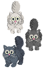 Three Persians in Petz, all identical in body shape, and all with blue-grey eyes. The first one is white, the second one is grey, and the third one is blue-grey.