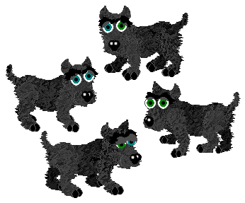 Four Scottish Terriers in Petz. They all look identical, with black fur, except for the eyes. From top to bottom, the eyes are one blue and one green, both blue, both green, and one green and one blue.