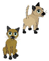 Two Siamese in Petz, with identical black ears, black feet, black muzzle patches, and dark teal eyes. The first one has cream-coloured fur, and the second has tan fur.