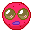 A pixel art drawing of a Pixel Emmuno, a round red creature with large hazel eyes and a small purple mouth.
