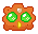 A pixel art drawing of a Kind Hemmuna, a lumpy orange creature with large green eyes, a small yellow mouth, and an orange sac on its forehead.
