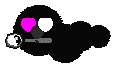 A black BirdWorm in Petz, with one white and one magenta eye, holding a black magnifying glass.