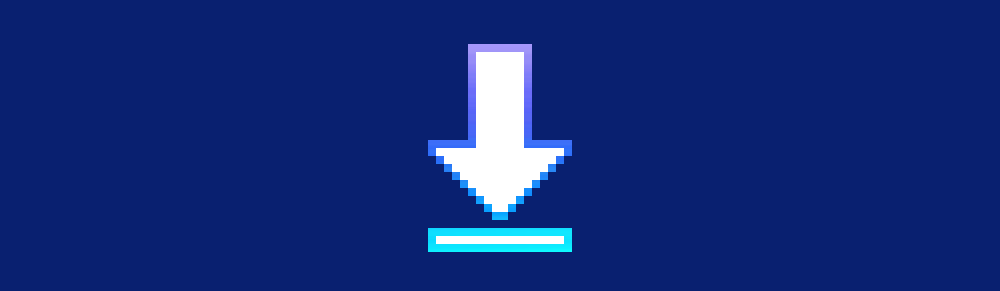 A white downwards-pointing arrow and line with a teal, blue, and purple gradient outline against a blue backgrpumd.