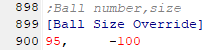 An image of the program LNZ Pro, open to show a newly-created Ball Size Override section. There is a line reading '95, -100'.