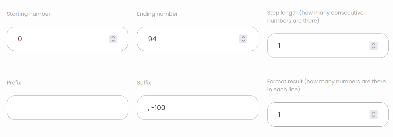 An image of a batch generator. It has parameters of starting number 0, ending number 94, increment of 1, and suffix of a comma and -100.