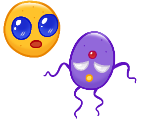 Two drawings of a Save Emmuno, a round yellow creature with large blue eyes and a small red mouth, and a Soul Evmuni, a violet oval creature with large, half-lidded white eyes, a small yellow mouth, and a red third eye.