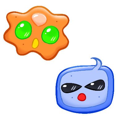 Two drawings of a Kind Hemmuna, a lumpy orange creature with large green eyes, a small yellow mouth, and an orange sac on its forehead, and a Quiz Ennutty, a blue rectangular creature with narrow black eyes, a small red mouth, and a hair-like strand.