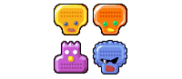 Four block-like creatures, one yellow, one orange, one purple, and one blue. The yellow and orange ones have stylized foreheads, the purple one has stylized hair and a body, and the blue one has a stylized forehead and afro-like hair.