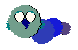 A teal, blue, and purple BirdWorm in Petz with white eyes and a dark blue beak.