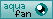 A 'clique', a small digital element, with a white and cyan gradient background and a cyan outline. The text reads 'aqua fan'. A pixel art of a cyan eye is to the right.