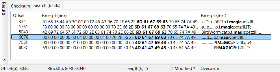 A screenshot of the HxD hexadecimal editor, showing the results of a search for the text 'magic'. There are six results, of which the fourth is highlighted.