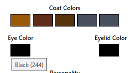 The interface of GenePoolz, a Petz utility, showing that Forceps' eyes pass down as black-244.