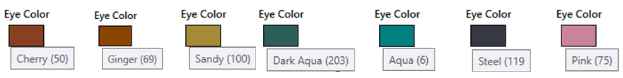 The interface of GenePoolz, a Petz utility, showing that the eyes pass down as cherry, ginger, sandy, dark aqua, aqua, steel, and pink respectively.