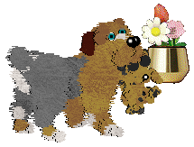 A mixed breed Sheepdog in Petz, with a grey and tan body and brown ears, stands in front of a vase of flowers while carrying a black-spotted baby.