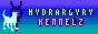 A 'clique', a small digital element, showing text that reads 'Hydrargyry Kennelz' next to the site logo, a cyan dog silhouette against a purple alchemical mercury symbol. The whole thing is on a teal, blue, and purple gradient.