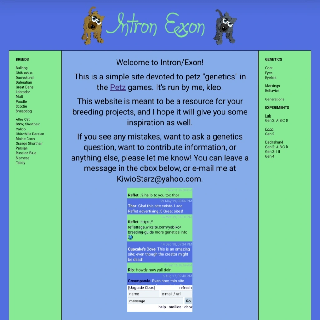 A screenshot of the homepage of Intron/Exon, a Petz site devoted to genetics. The text on the page is not relevant.