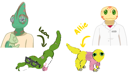 Two anthropomorphic reptile characters and the variations that are based on them. The green lizard with glasses and pigmentless spots, or translucence, is based on Leon, an anthropomorphic veiled chameleon with grey eyes and a tan shirt, who in the provided drawing is holding a paler green baby chameleon. The yellow lizard with a pink sweater is based on Allie, an anthropomorphic gecko with green eyes, a pink shirt, and a lab coat.